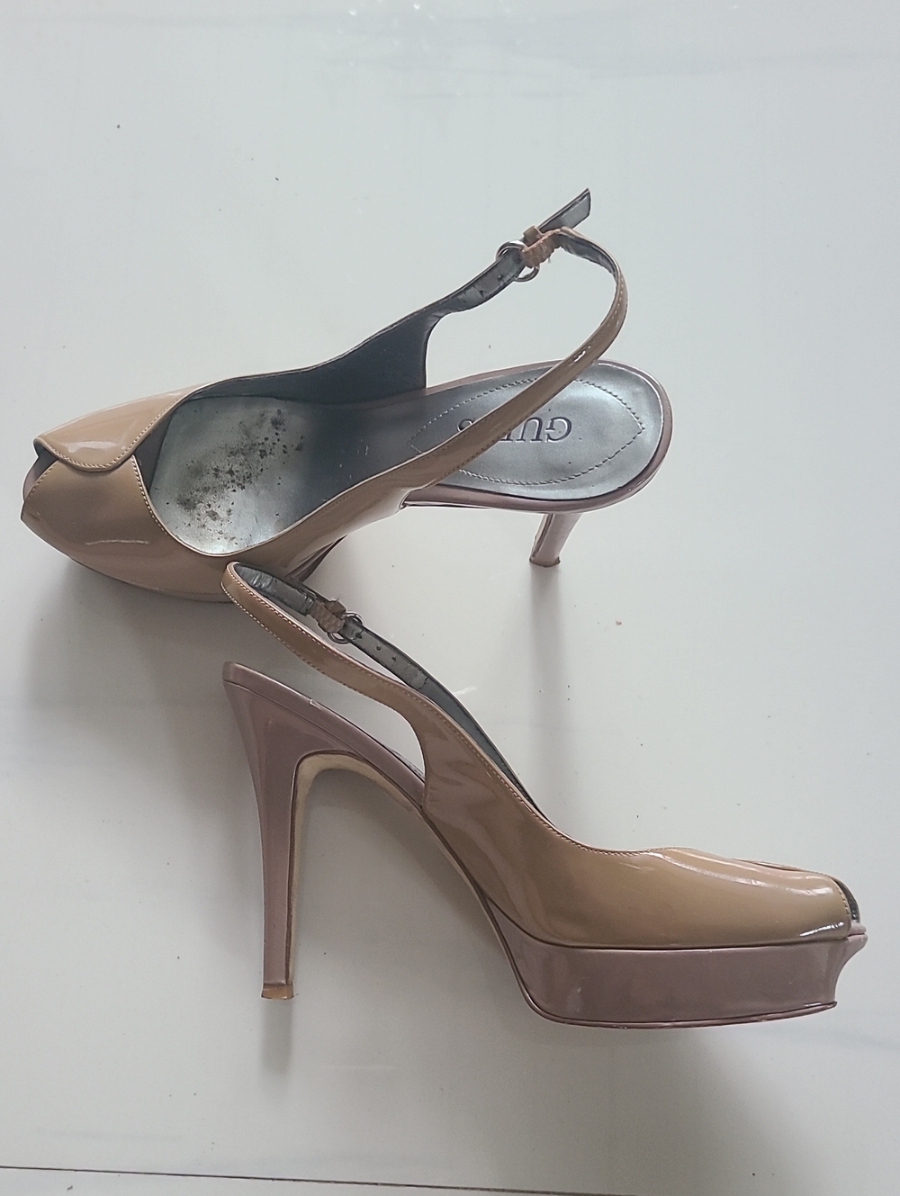 Guess Two-Tone Nude and Blush Patent Leather Slingback Heels